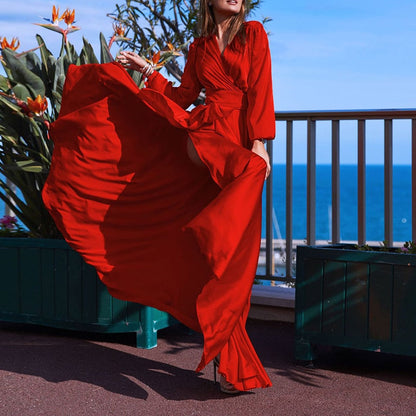 Robe Longue Évasée à Manches Longues et Col V pour Femme