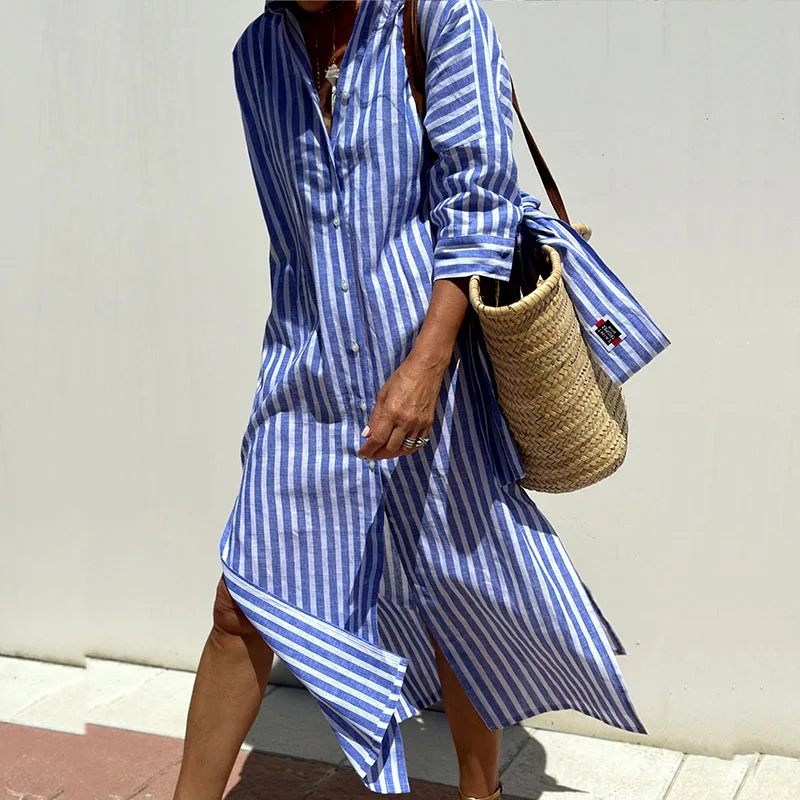 Robe Chemise Rayée Boutonnée Élégante Pour Femme