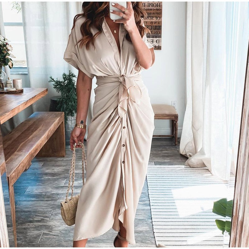 Robe Longue Portefeuille Boutonnée Sophistiquée Pour Femme