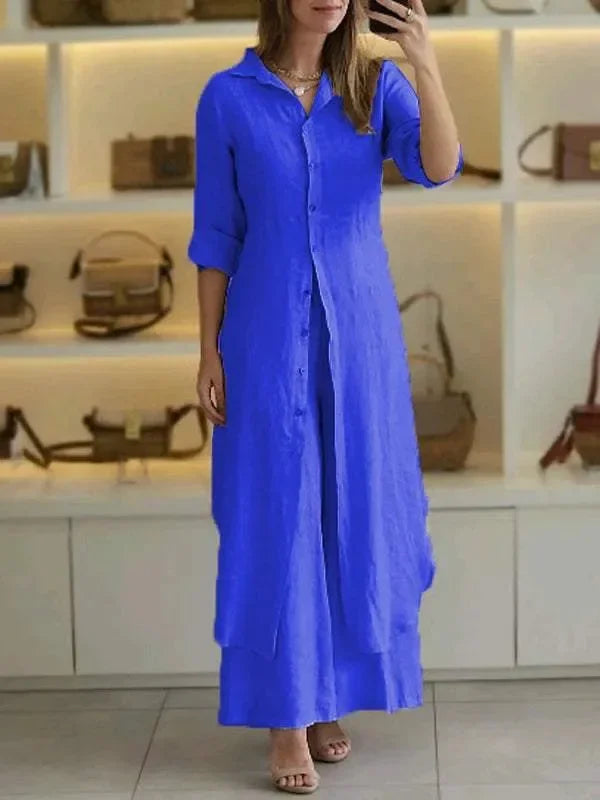 Bresina™ - Ensemble en lin élégant robe chemise longue et pantalon fluide