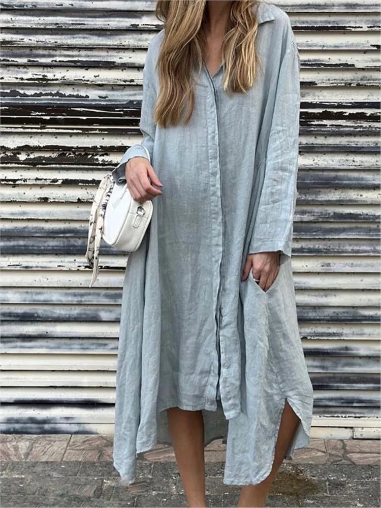 Robe Chemise Ample à Manches Longues en Chanvre et Coton 2025