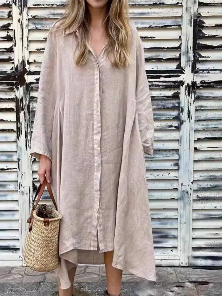 Robe Chemise Ample à Manches Longues en Chanvre et Coton 2025
