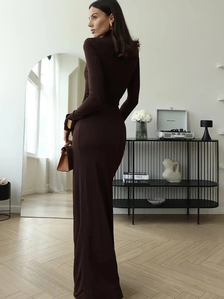 Robe Longue Portefeuille À Manches Longues Col Rond Sophistiquée Femme