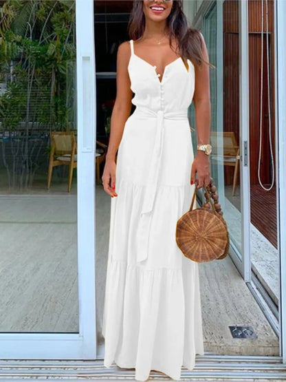 Robe Sans Manches À Col En V Mi Boutonnée Chic Pour Femme