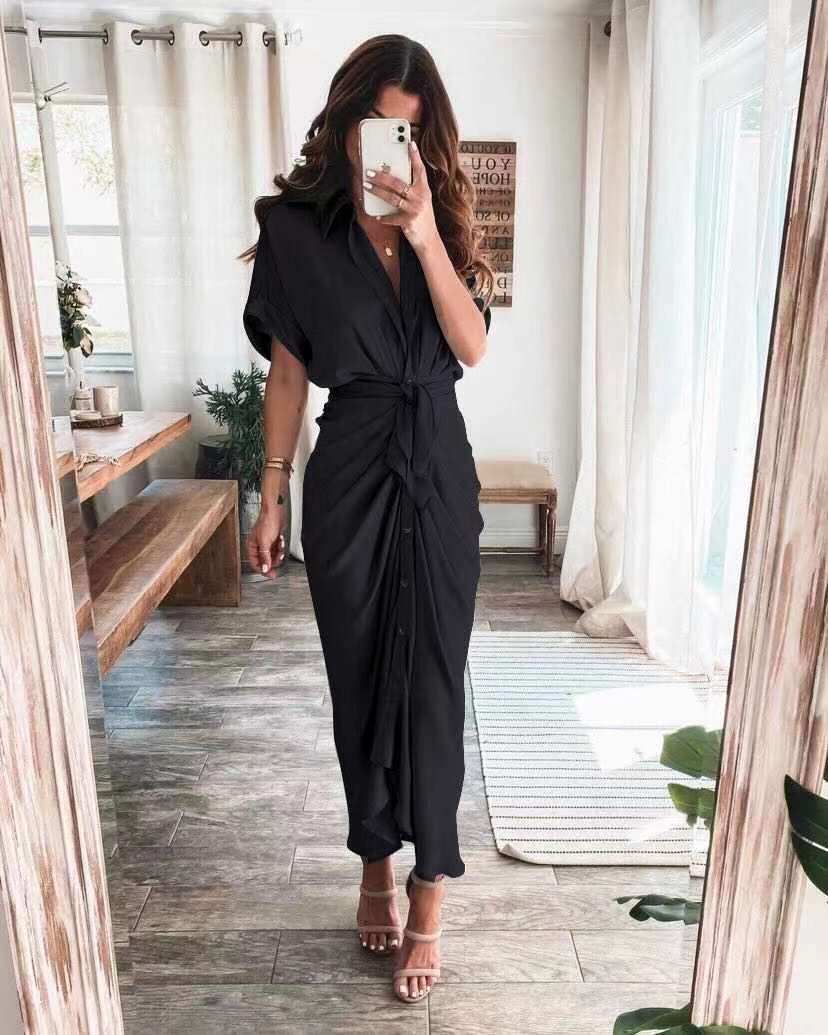 Robe Longue Portefeuille Boutonnée Sophistiquée Pour Femme