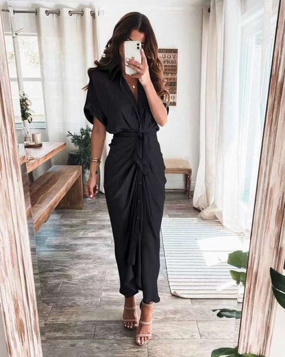 Robe Longue Portefeuille Boutonnée Sophistiquée Pour Femme