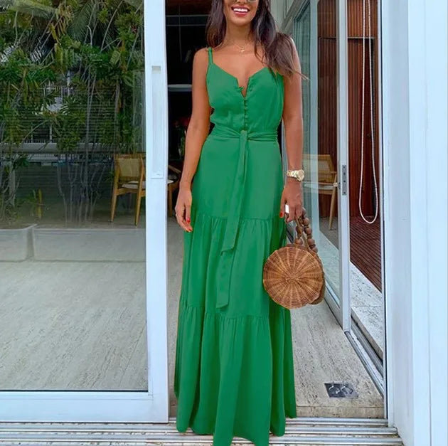 Robe Sans Manches À Col En V Mi Boutonnée Chic Pour Femme