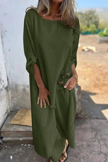 Ensemble Deux Pièces Pantalon à Manches Longues avec Boutons et Pampilles Chic