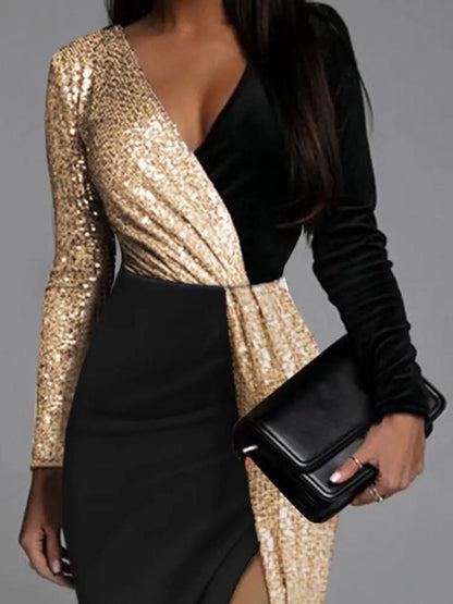 Robe Femme Éclatante Col V Pailletée Asymétrique Portefeuille