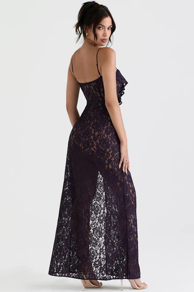 Robe Féminine Fluide à Volants Dentelle Fendue Col V