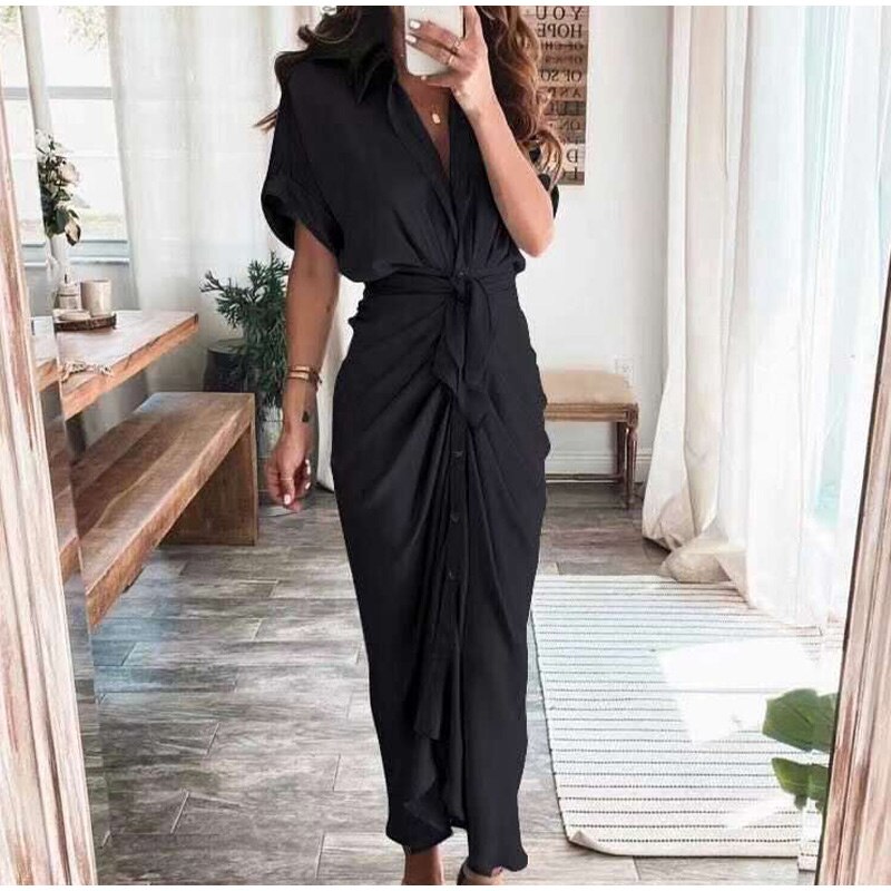 Robe Longue Portefeuille Boutonnée Sophistiquée Pour Femme