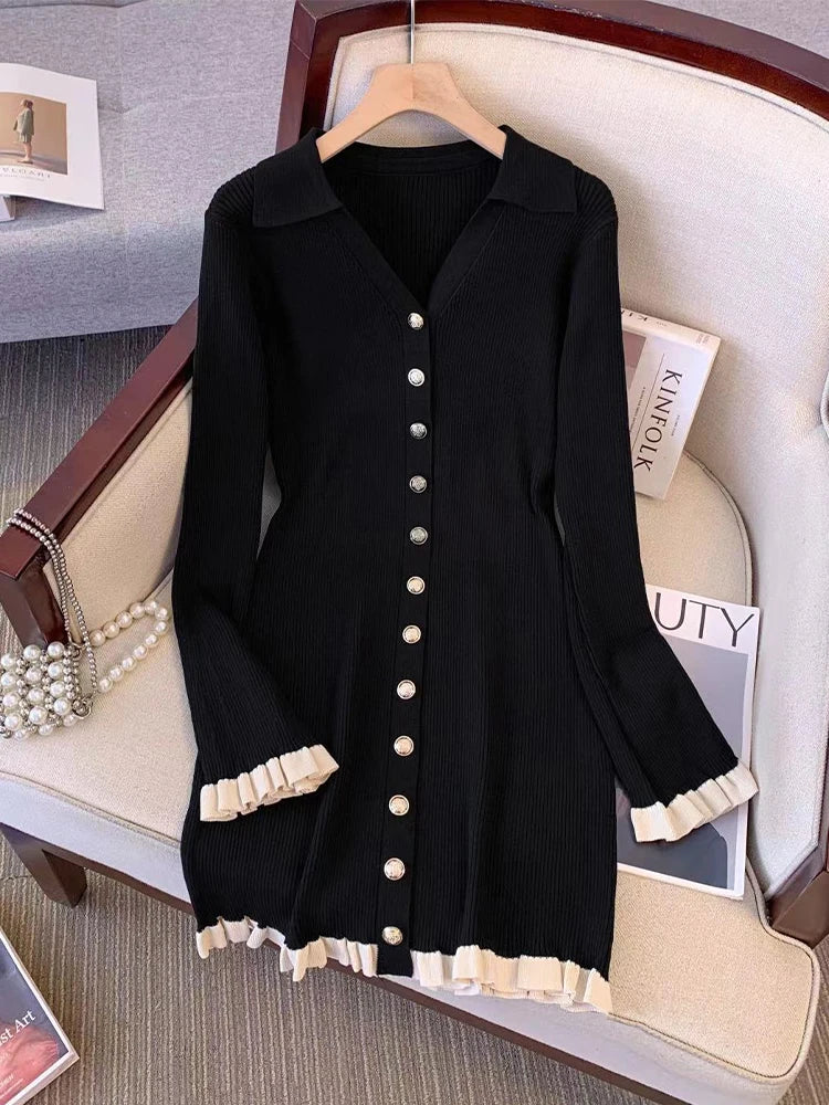 Robe En Maille Boutonnée À Manches Longues Chic Femme