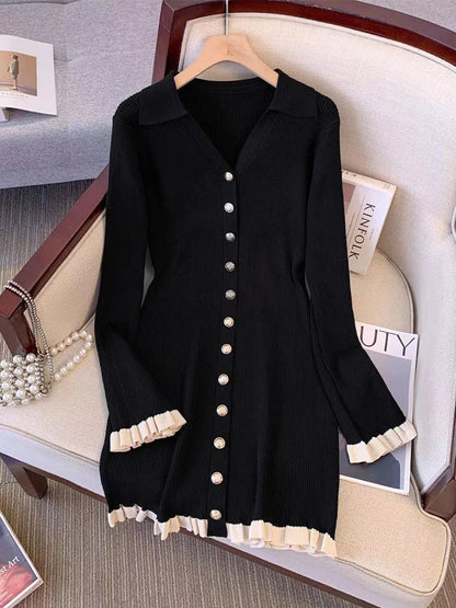 Robe En Maille Boutonnée À Manches Longues Chic Femme
