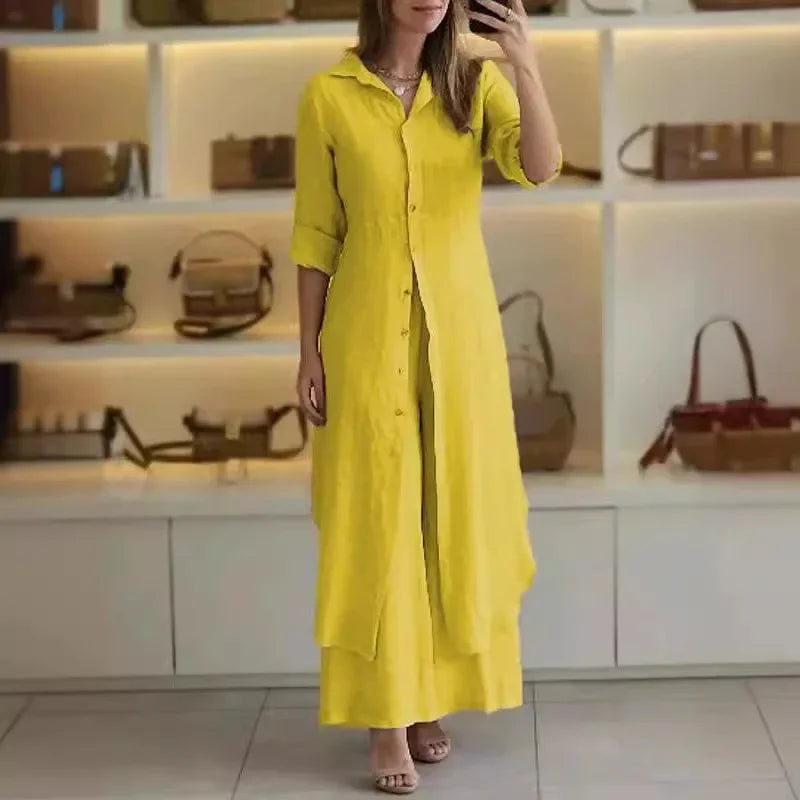 Bresina™ - Ensemble en lin élégant robe chemise longue et pantalon fluide