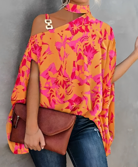 Blouse Femme Chic Asymétrique Imprimé Une Épaule
