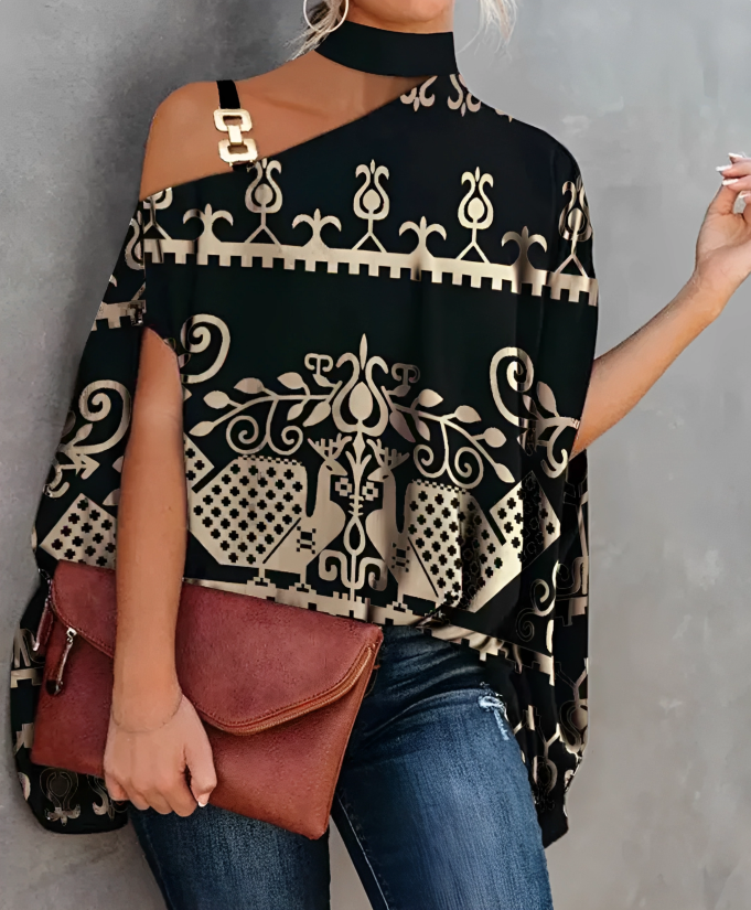 Blouse Femme Chic Asymétrique Imprimé Une Épaule