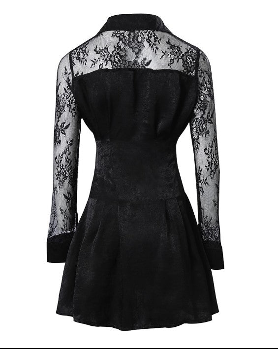 Robe Mini Boutonnée En Dentelle Manches Longues Pour Femme