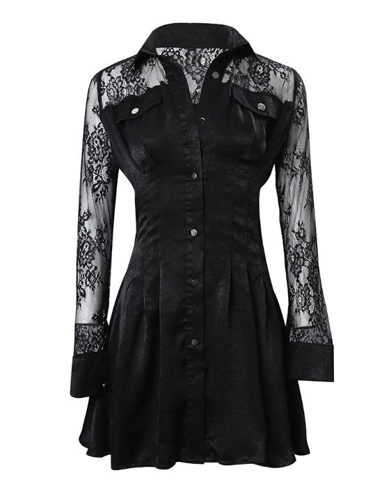Robe Mini Boutonnée En Dentelle Manches Longues Pour Femme