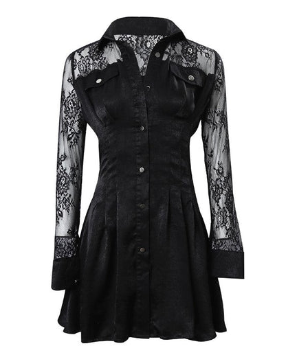 Robe Mini Boutonnée En Dentelle Manches Longues Pour Femme