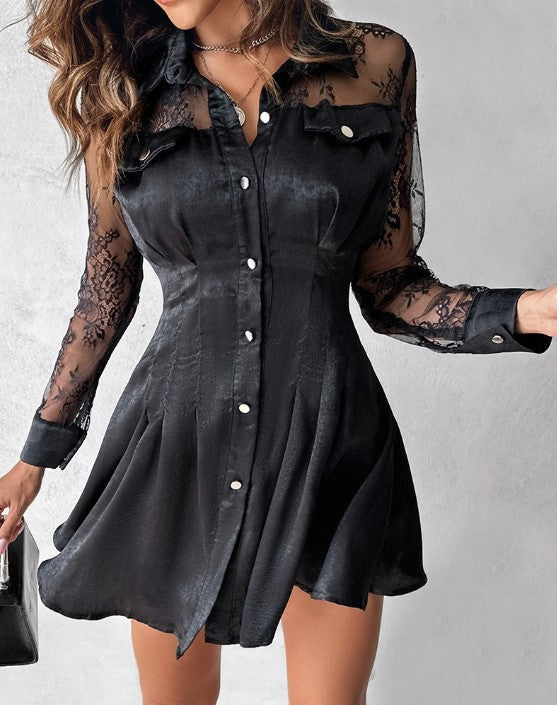 Robe Mini Boutonnée En Dentelle Manches Longues Pour Femme