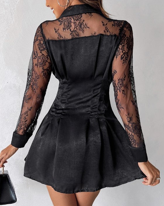 Robe Mini Boutonnée En Dentelle Manches Longues Pour Femme