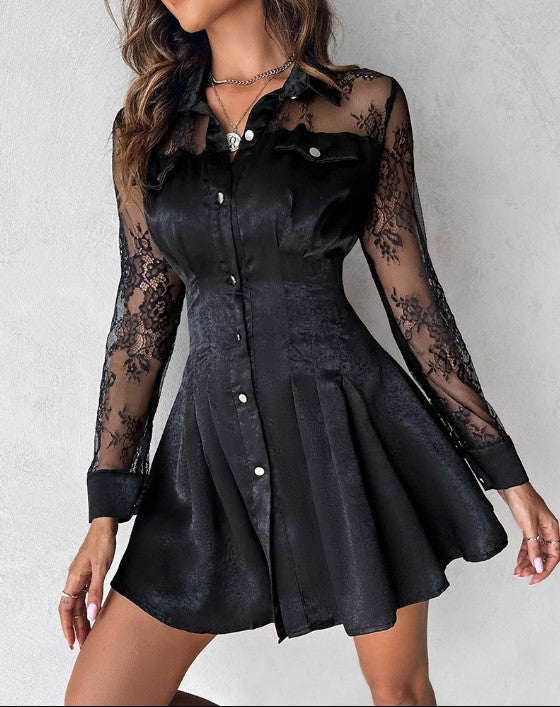 Robe Mini Boutonnée En Dentelle Manches Longues Pour Femme