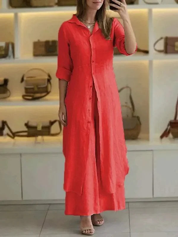 Bresina™ - Ensemble en lin élégant robe chemise longue et pantalon fluide