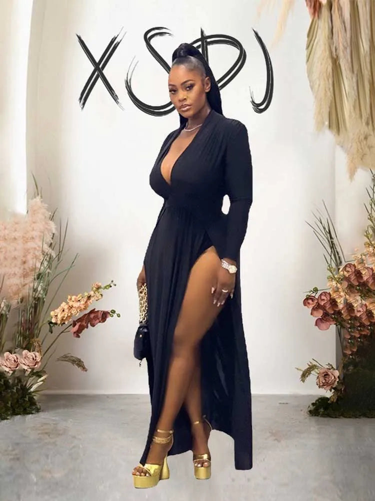Robe Longue Fluide À Manches Longues Avec Fentes Pour Femme