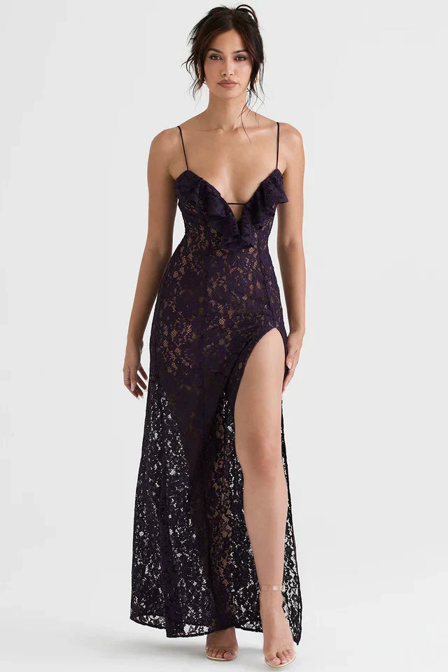 Robe Féminine Fluide à Volants Dentelle Fendue Col V