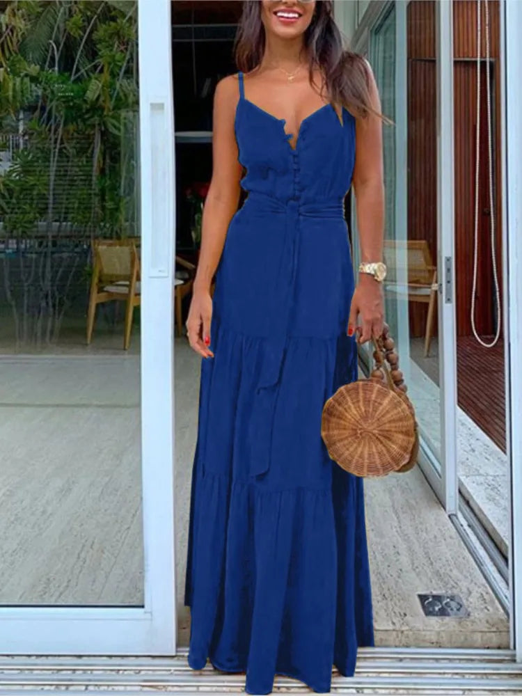 Robe Sans Manches À Col En V Mi Boutonnée Chic Pour Femme
