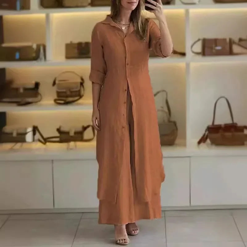 Bresina™ - Ensemble en lin élégant robe chemise longue et pantalon fluide