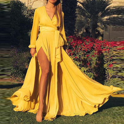Robe Longue Évasée à Manches Longues et Col V pour Femme