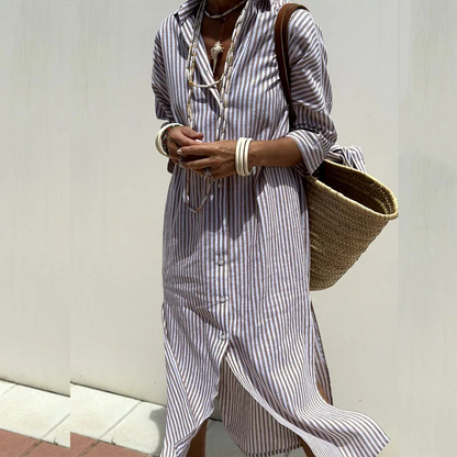 Robe Chemise Rayée Boutonnée Élégante Pour Femme