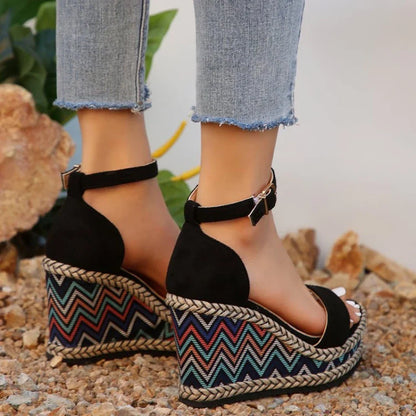 Sandales à Talon Compensé Style Ethnique Femmes