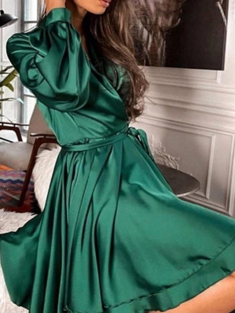 Robe Femme Chic Col V Manches Longues Bouffantes
