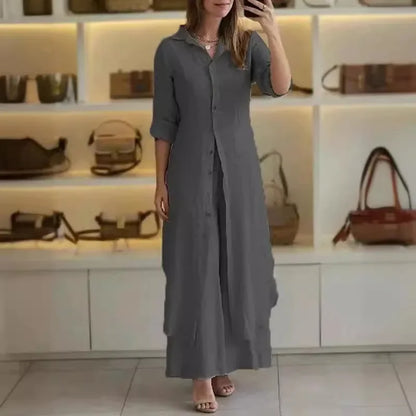 Bresina™ - Ensemble en lin élégant robe chemise longue et pantalon fluide