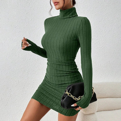 Robe Pull Côtelée À Col Roulé Manches Longues Mini Femme