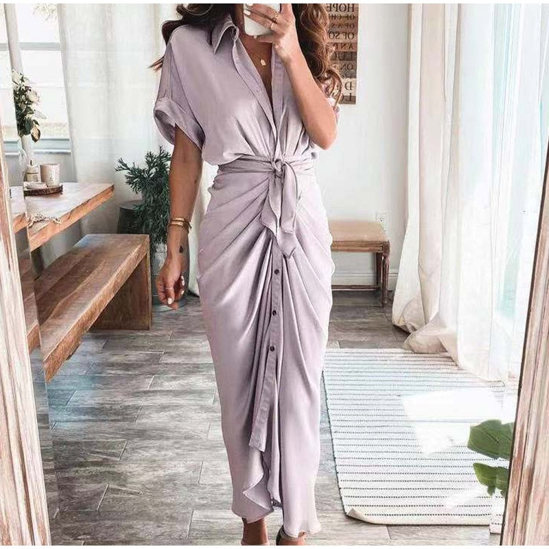 Robe Longue Portefeuille Boutonnée Sophistiquée Pour Femme