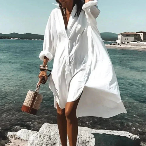 Robe Chemise Ample Boutonnée à Manches Longues Femme