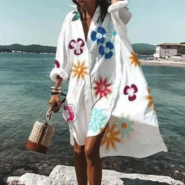 Robe Chemise Ample Boutonnée à Manches Longues Femme