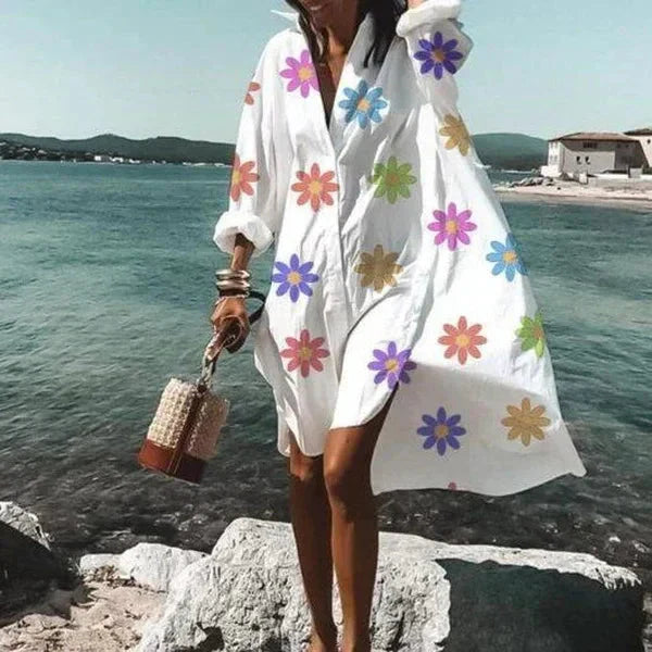 Robe Chemise Ample Boutonnée à Manches Longues Femme