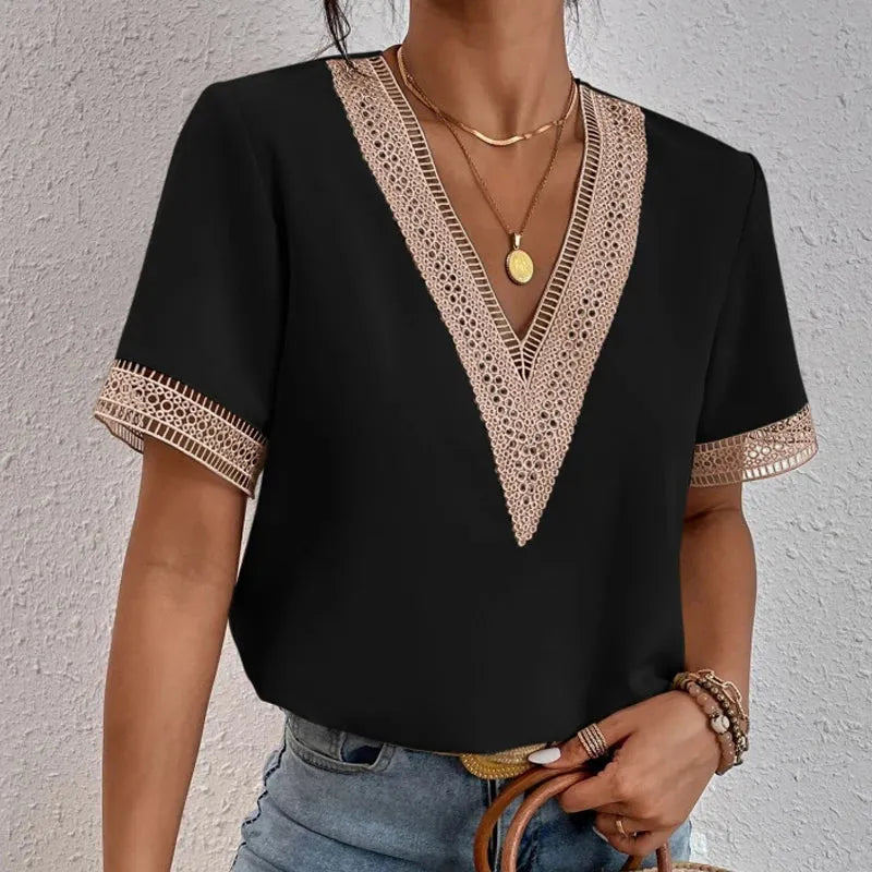 Blouse femme en dentelle et chiffon, encolure V, élégante pour bureau et brunch