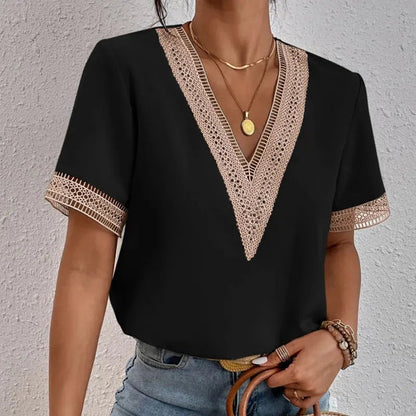 Blouse femme en dentelle et chiffon, encolure V, élégante pour bureau et brunch