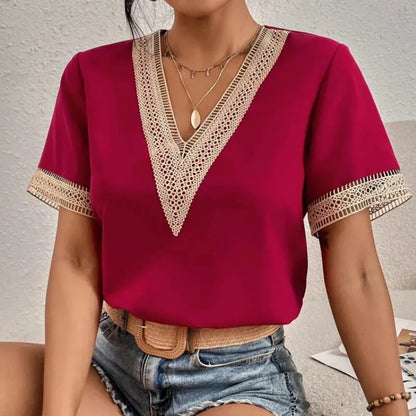 Blouse femme en dentelle et chiffon, encolure V, élégante pour bureau et brunch