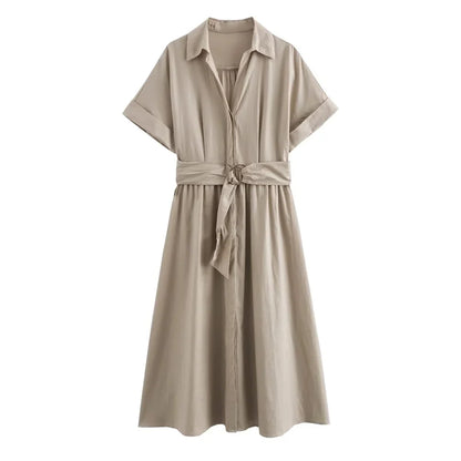 Élodie Lavin® | Robe midi en mélange de lin à col en V