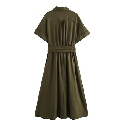 Élodie Lavin® | Robe midi en mélange de lin à col en V
