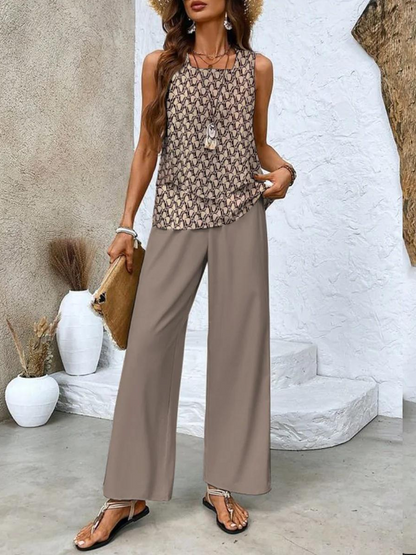 Ensemble Chic Femme Blouse Sans Manches Superposée et Pantalon