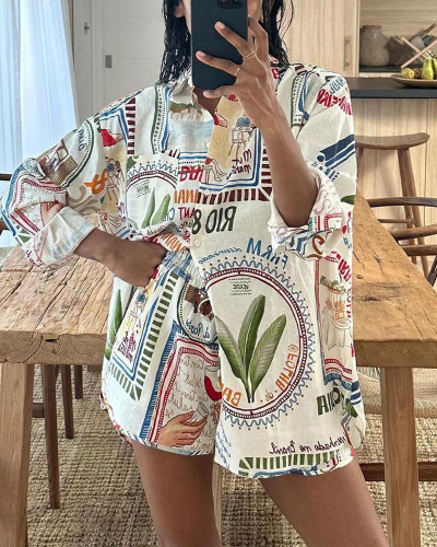 Ensemble Femme Chic Imprimé Graffiti Chemise Oversize Et Short