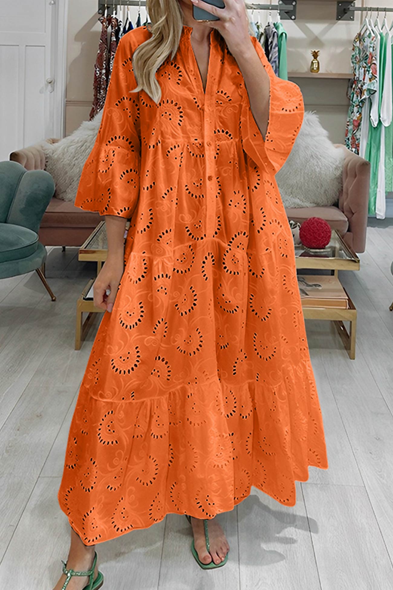 Robe Ample en Dentelle Boutonnée pour Femme