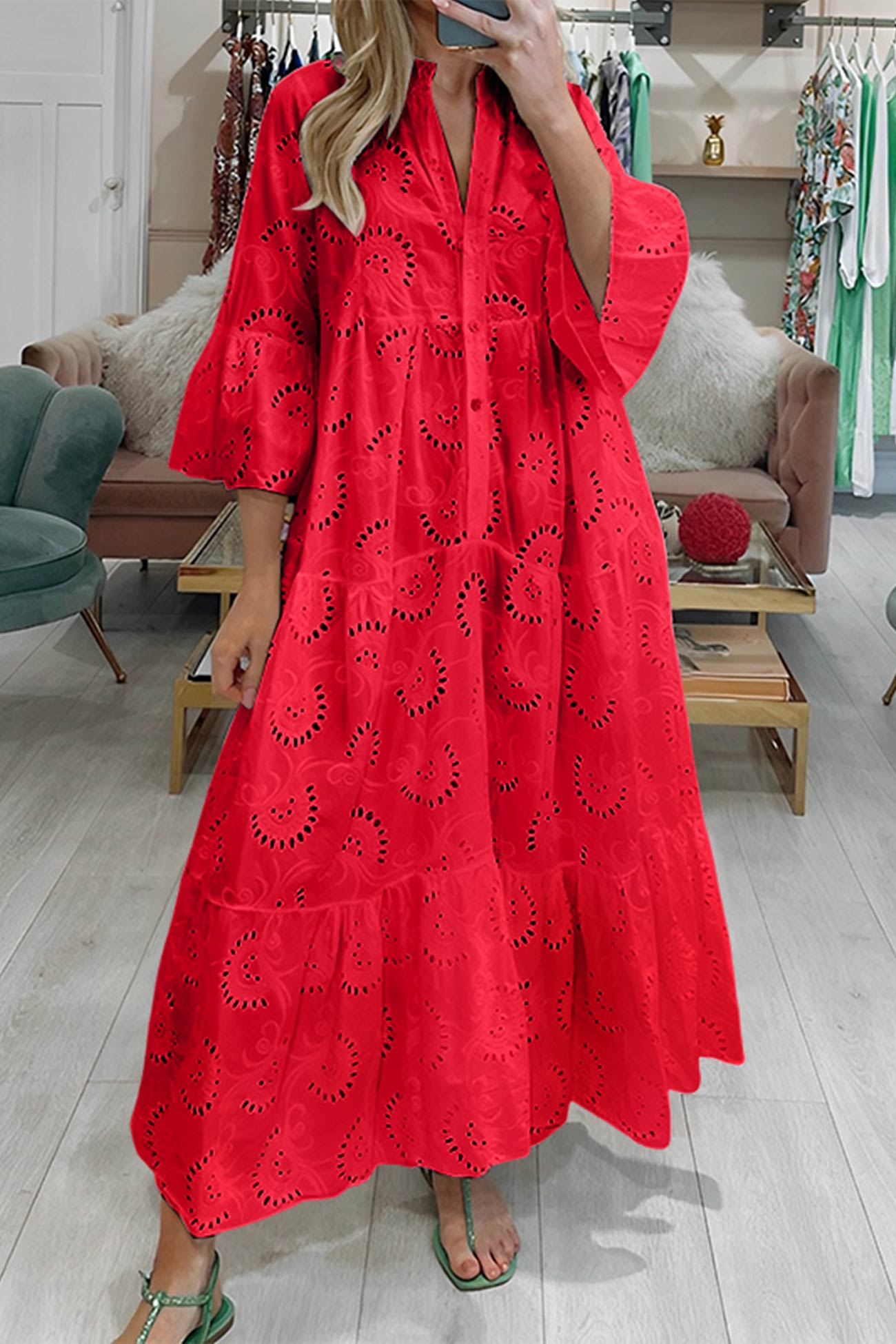 Robe Ample en Dentelle Boutonnée pour Femme